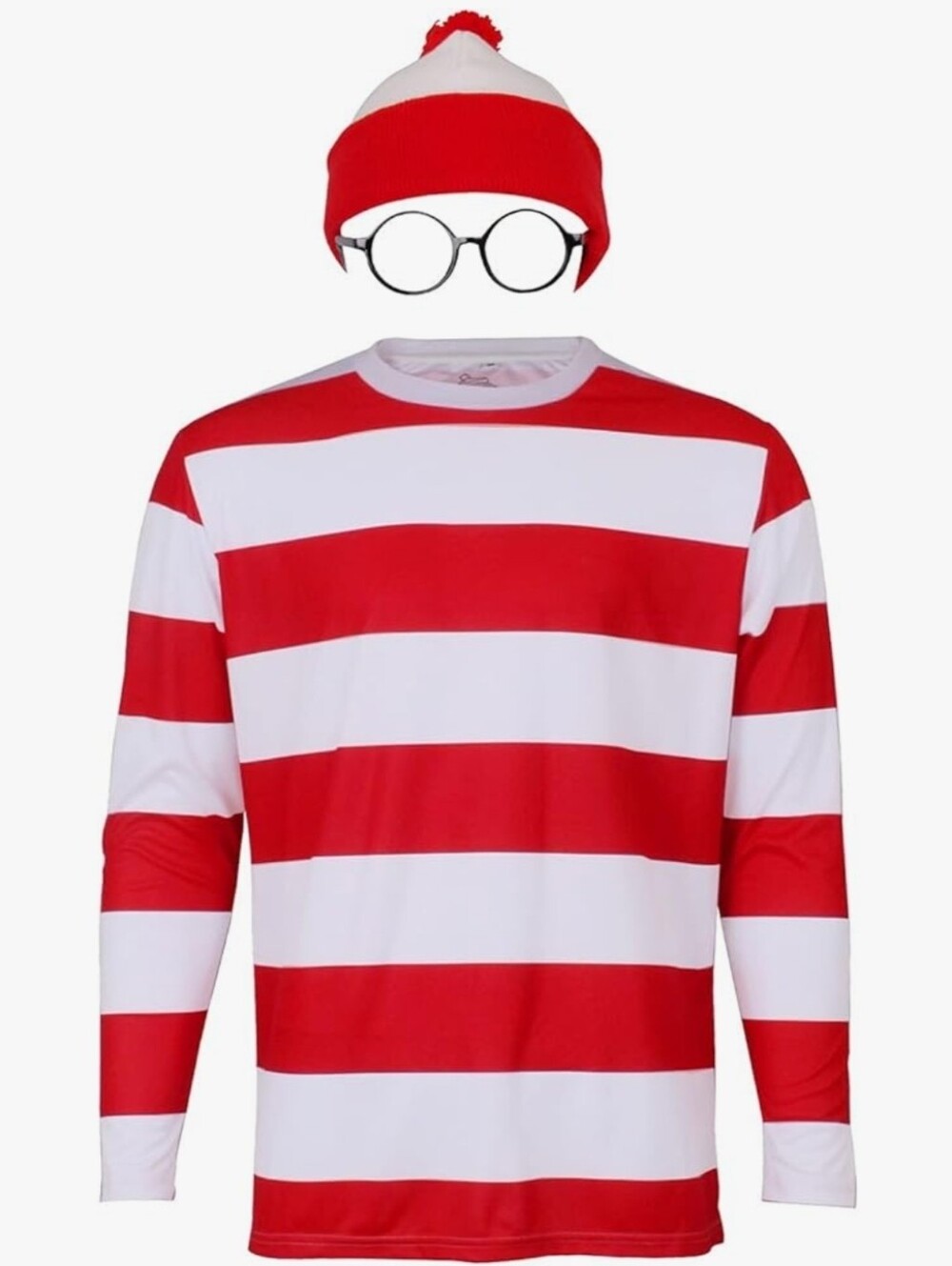 Where’s Waldo Costume Red and White Striped Long Sleeve Glasses Hat New Large
